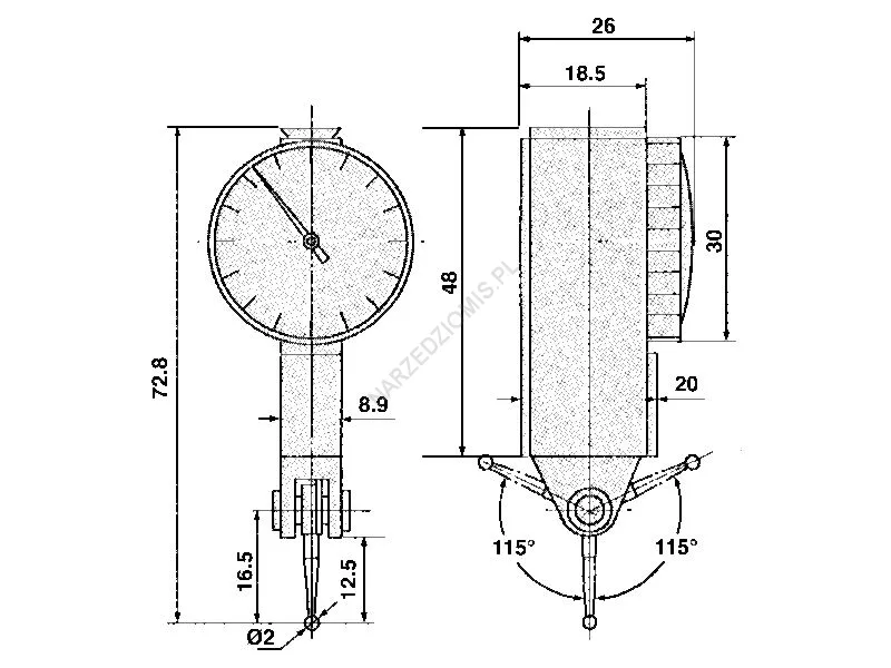 Rysunek techniczny: Czujnik dźwigniowy: Zakres pomiarowy 0,8 mm, Rozdzielczość podziałki 0,01 mm - LIMIT